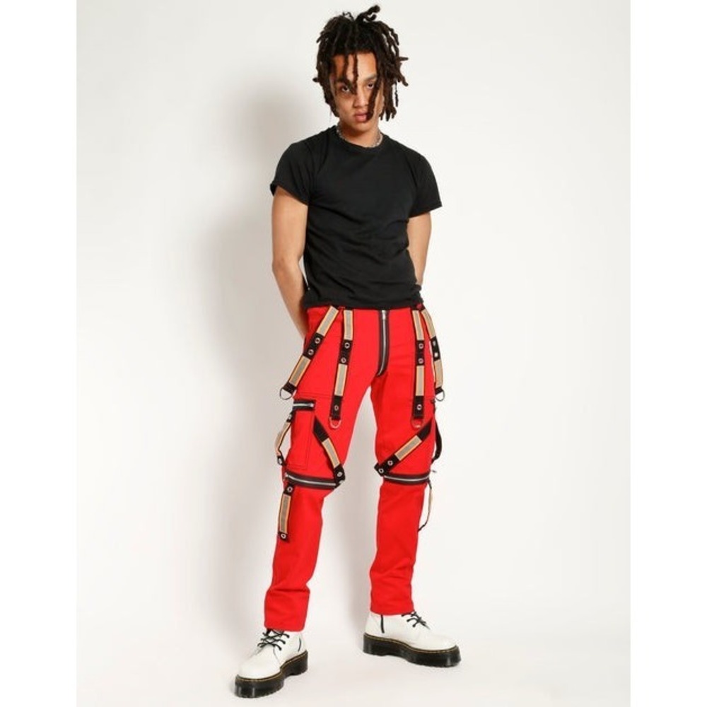Tripp NYC Power Pants Red Sz 34 Measures 32 Reflective Strap Zip Goth Punk Y2K